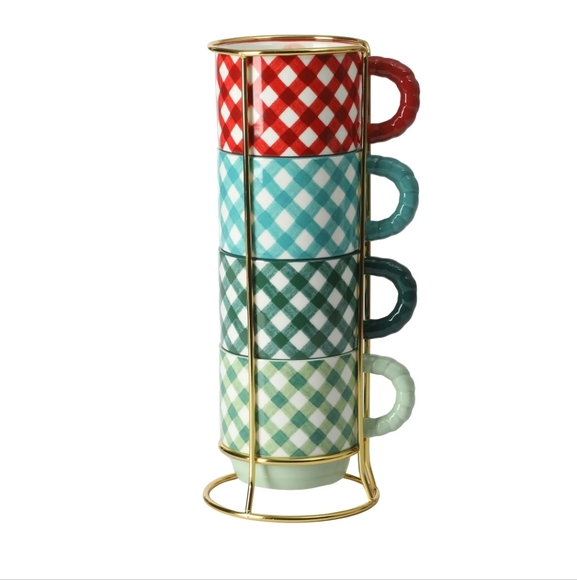 🎁 New Pioneer Woman Merry Meadow Gingham 5-Piece Stacking Mugs with Rack - Picture 9 of 11